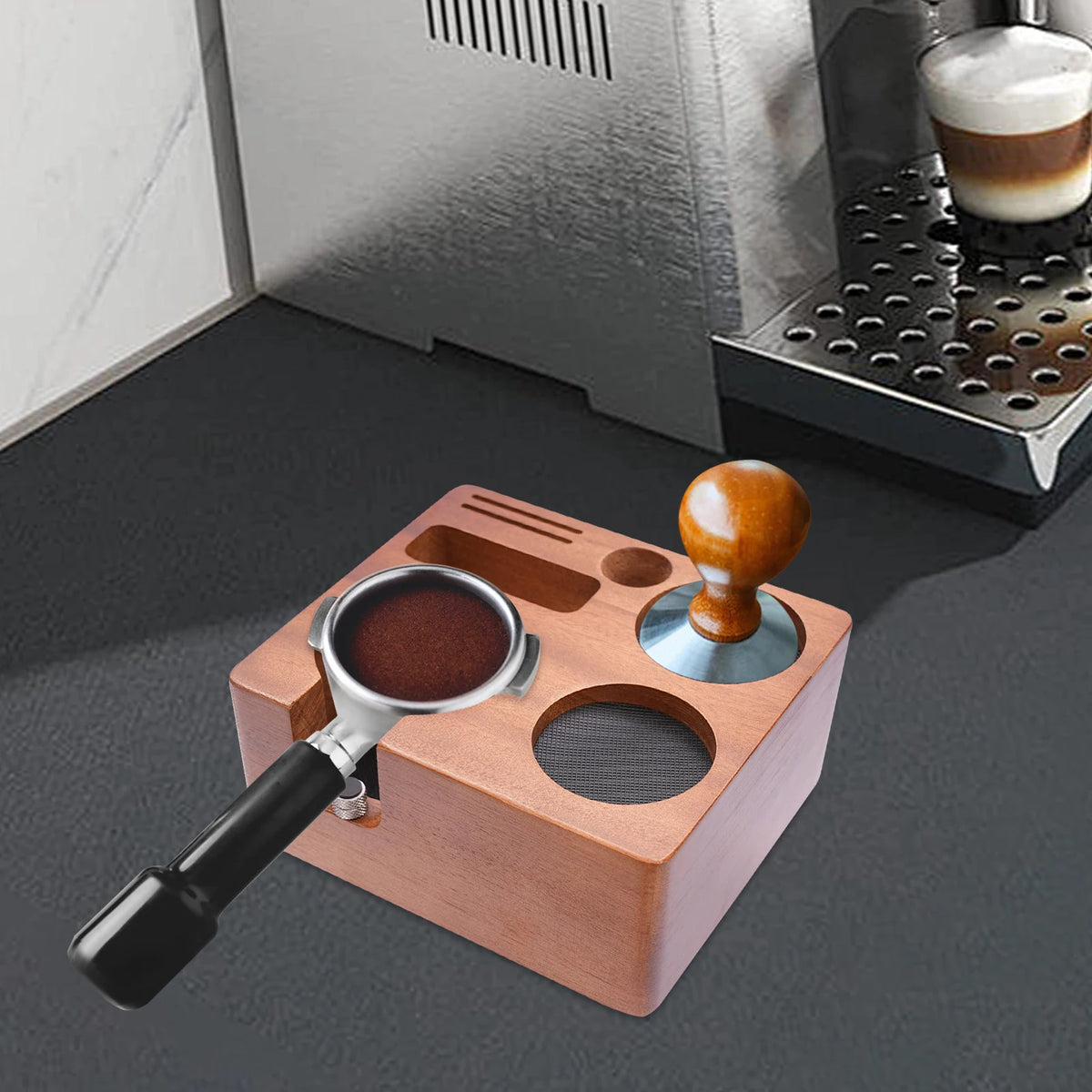 Kaffee Tamping Station Schwarz 51-58mm – Multifunktionaler Tamper Halter mit Abschlagbehälter
