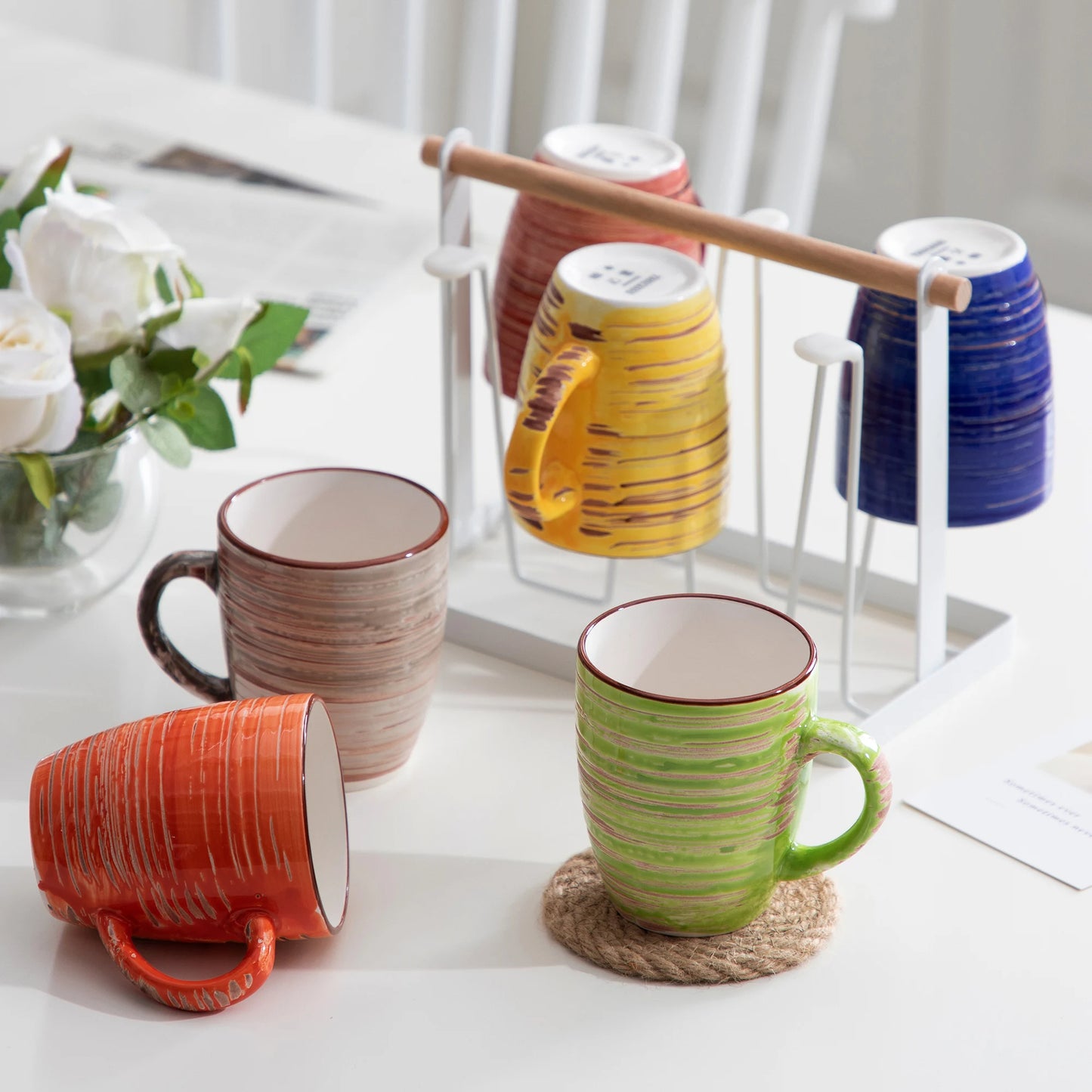 Keramik Tassen Set mit Untertassen 240ml 4er Set – Elegante Kaffeetassen im Vintage Design