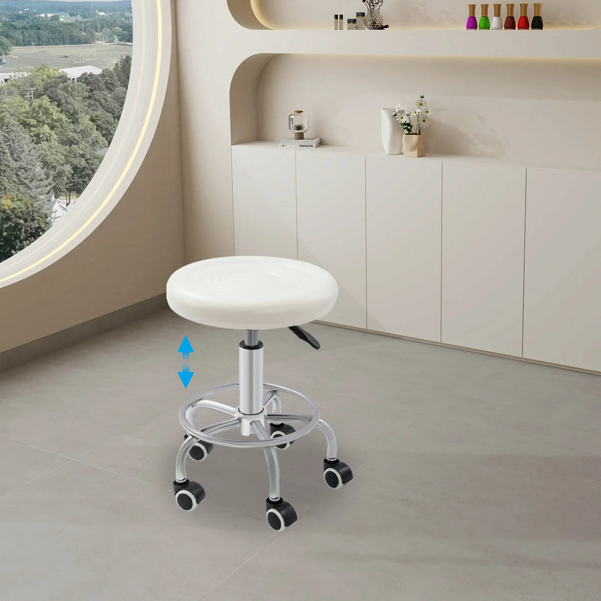 Arbeitshocker mit Rollen Weiss – Höhenverstellbarer Drehhocker aus Kunstleder fuer Kosmetikstudio, Salon & Praxis