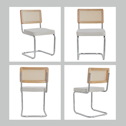 Freischwinger 2er Set Modern – Polsterstuhl Set aus Teddy-Samt & Rattan-Rueckenlehne mit Metallgestell