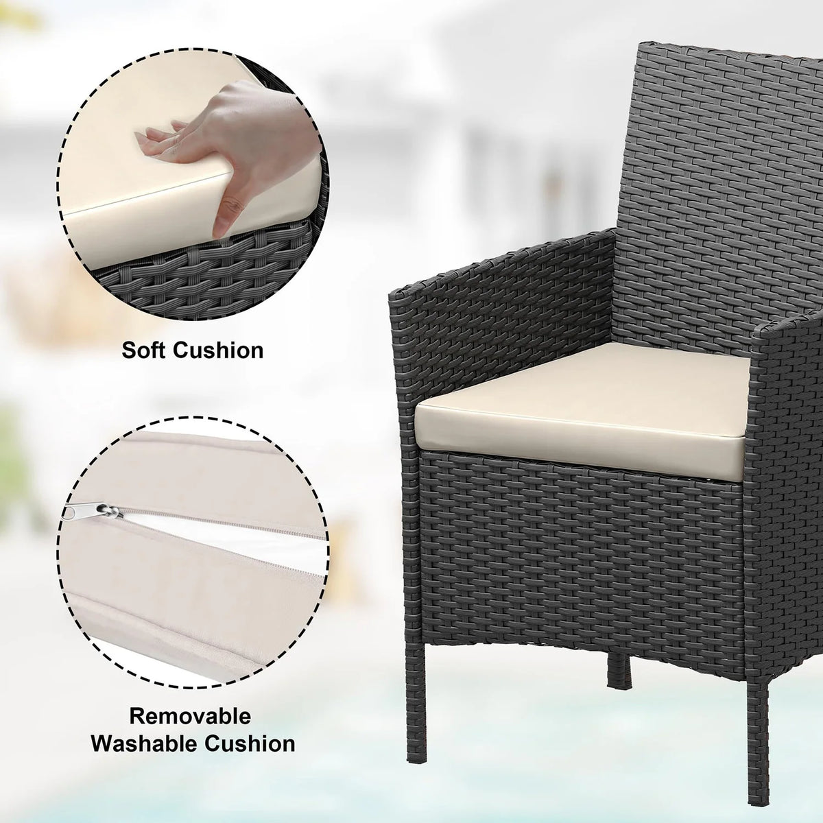 Balkonset 3-Teilig Schwarz – Wetterfeste Polyrattan Sitzgruppe mit Kissen & Glastisch fuer Balkon, Terrasse & Garten