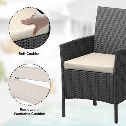 Balkonset 3-Teilig Schwarz – Wetterfeste Polyrattan Sitzgruppe mit Kissen & Glastisch fuer Balkon, Terrasse & Garten