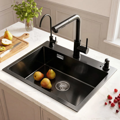Edelstahl Spülbecken Schwarz 68x45cm mit 3 Lochbohrungen – Einbauspüle Einzelbecken Gebürstet