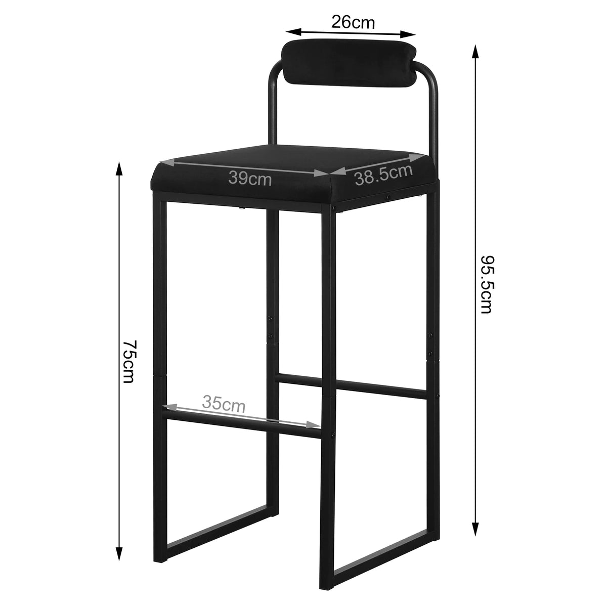 Barhocker 2er Set Samt Dunkelgrau – Ergonomische Tresenstühle 75cm Sitzhöhe mit Metallgestell