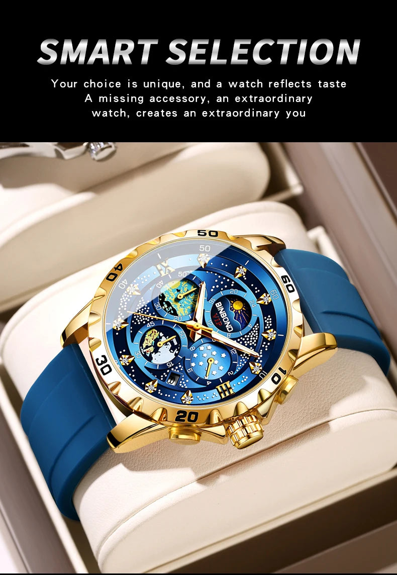 BINBOND Luxus Herrenuhr Blau – Wasserdichte Quarz Armbanduhr mit Chronograph & Datum