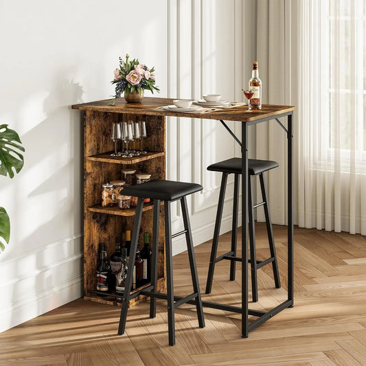 Esstisch Garnitur mit 2 Hocker – Stehtisch Set Holz & Metall mit Regal für die Küche