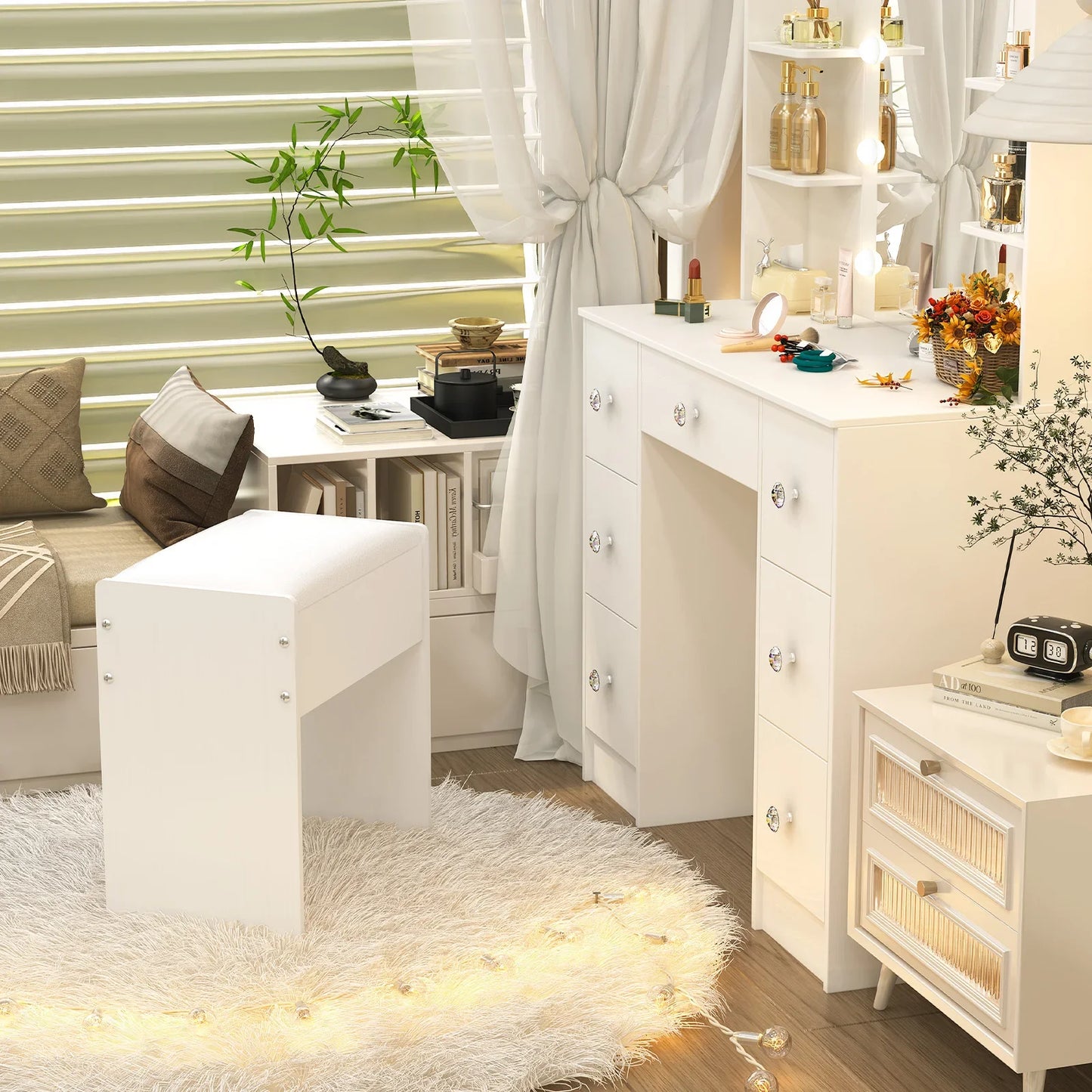 Schminkstuhl Weiß Holz MDF – Moderner Hocker Gepolstert für Frisiertisch & Schlafzimmer