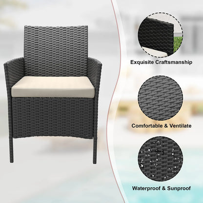 Balkonset 3-Teilig Schwarz – Wetterfeste Polyrattan Sitzgruppe mit Kissen & Glastisch fuer Balkon, Terrasse & Garten