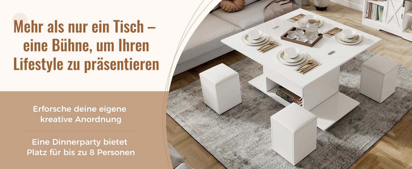 Couchtisch Höhenverstellbar & Ausziehbar – Multifunktionaler Esstisch mit 4 Hockern & Stauraum