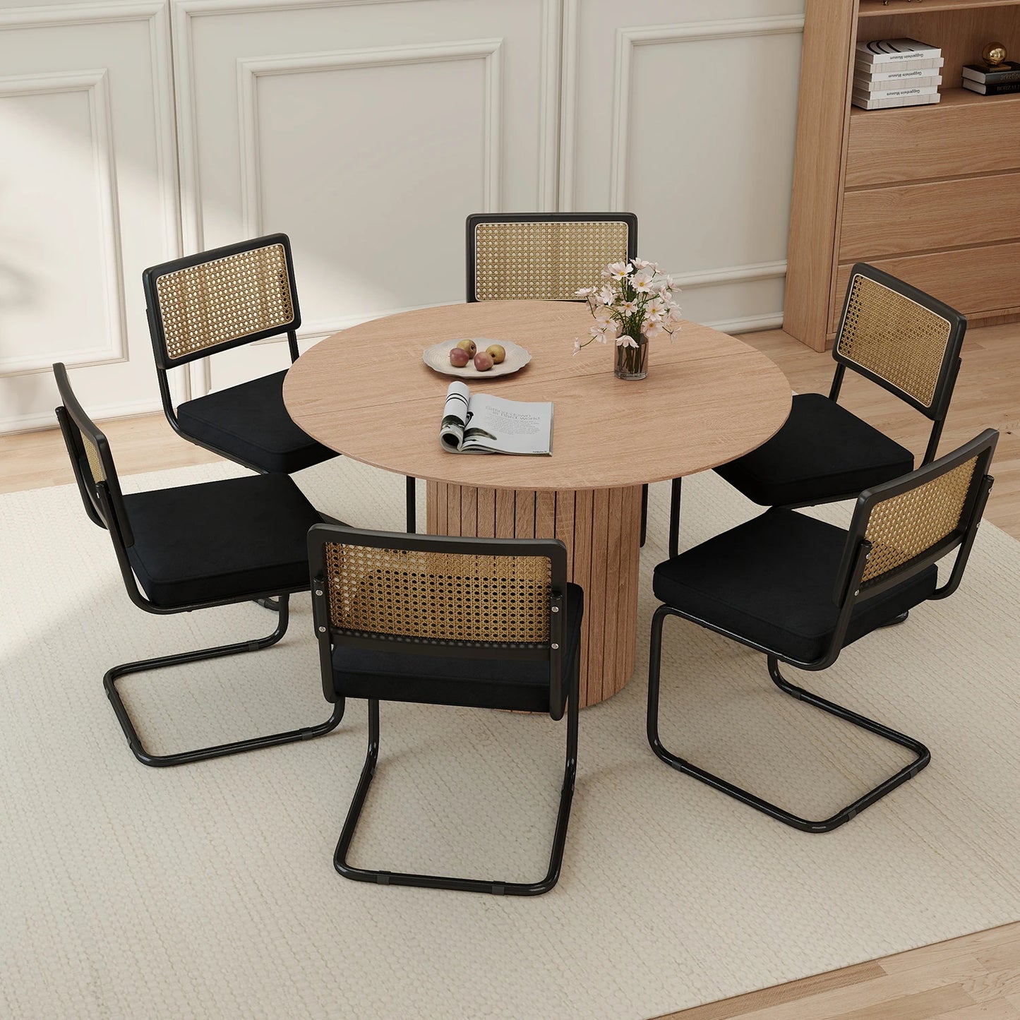 Freischwinger 2er Set Modern – Polsterstuhl Set aus Teddy-Samt & Rattan-Rueckenlehne mit Metallgestell