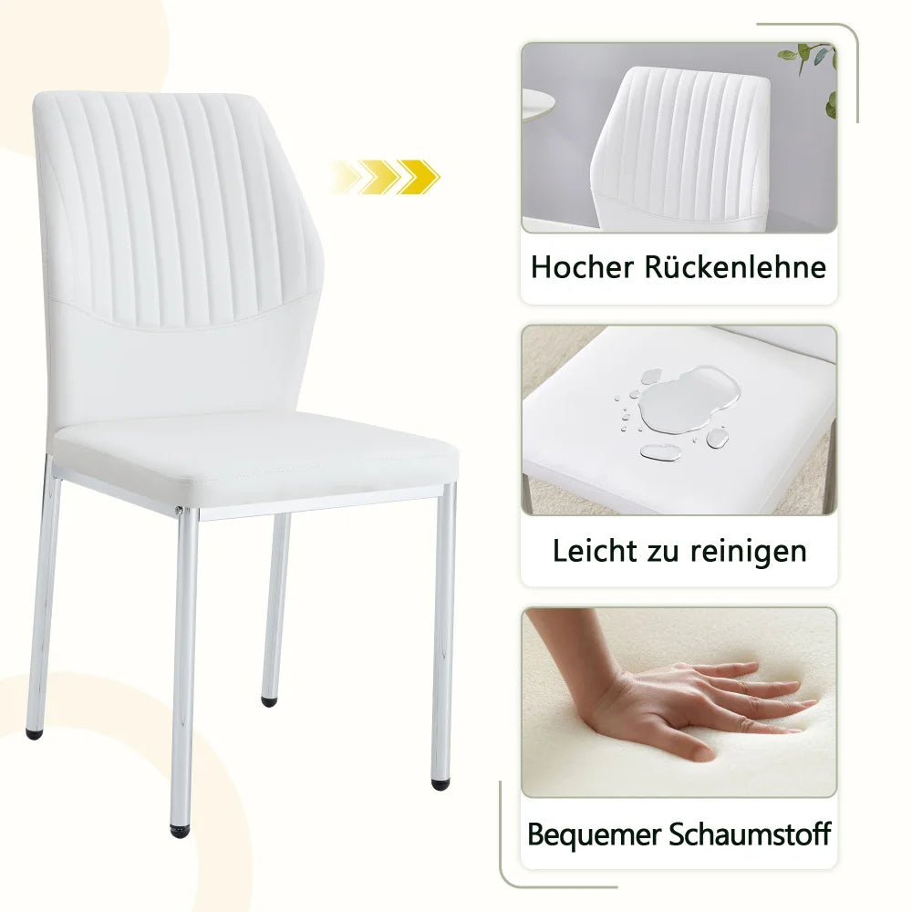 Esszimmerstuhl 4er Set Weiss – Modernes Polsterstuhl Set aus Kunstleder & Metallbeinen in Silber