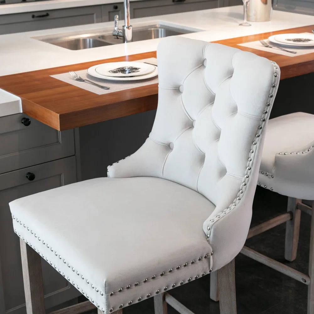 Moderne Samt Barhocker 2er Set mit Nietendekor – Elegante Tresenstühle aus Massivholz