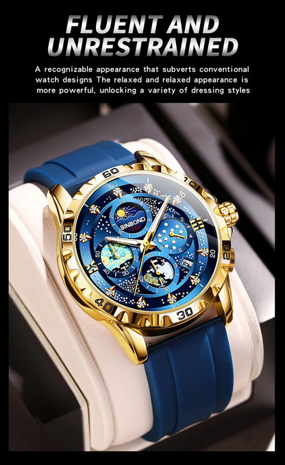 BINBOND Luxus Herrenuhr Blau – Wasserdichte Quarz Armbanduhr mit Chronograph & Datum