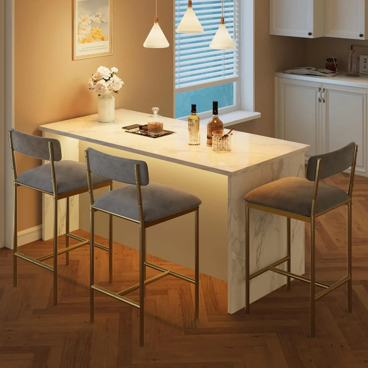 Moderne Rattan Barhocker 2er Set gepolstert – Küchenstuhl mit Fußstütze Metallgestell