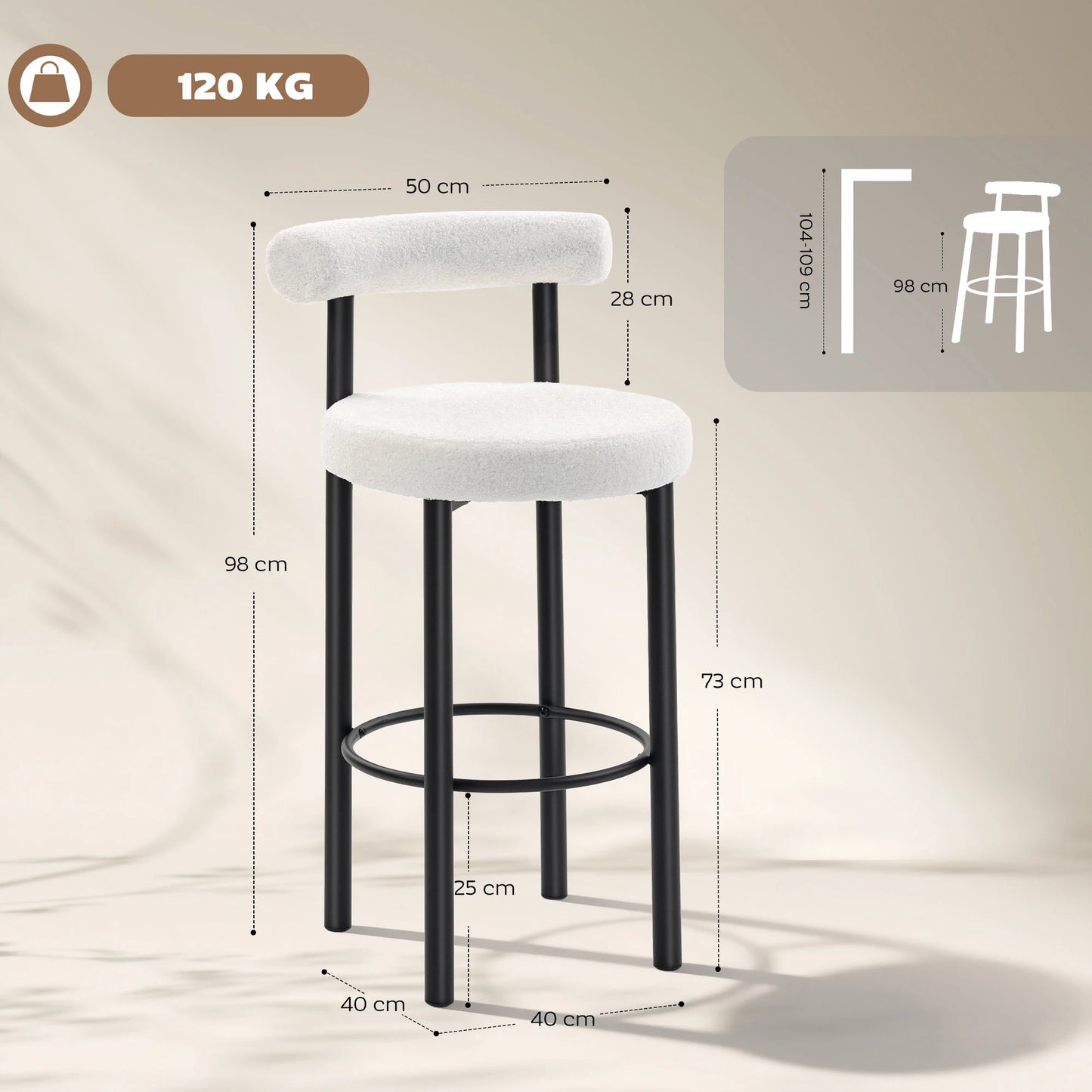 Barhocker 2er Set Bouclé Bambus 76cm – Moderne Tresenstühle mit Metallgestell für Kücheninsel