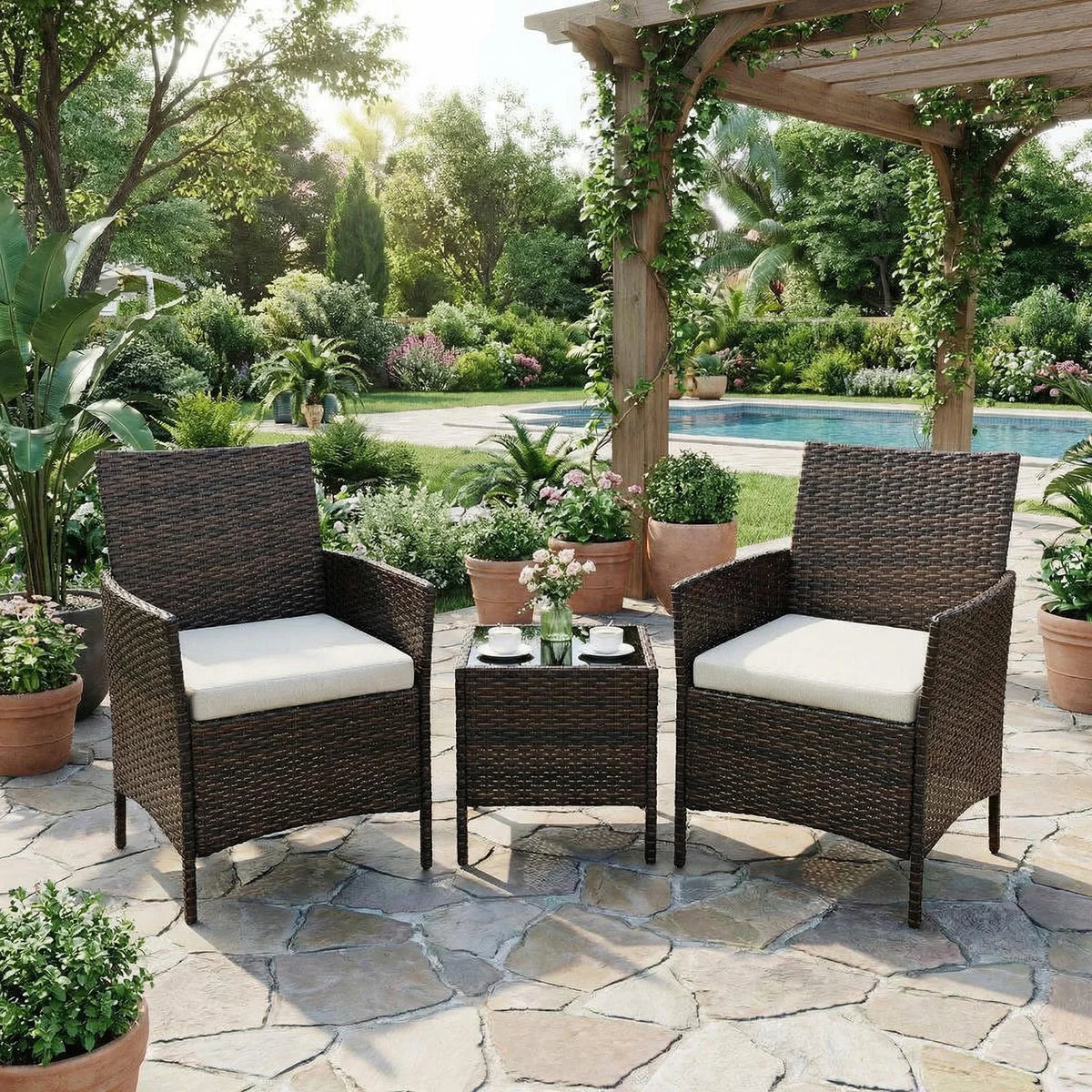 Balkonset 3-Teilig Schwarz – Wetterfeste Polyrattan Sitzgruppe mit Kissen & Glastisch fuer Balkon, Terrasse & Garten