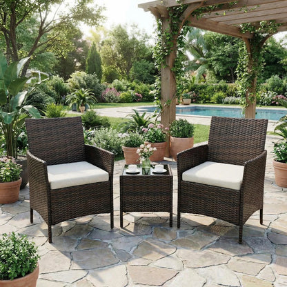 Balkonset 3-Teilig Schwarz – Wetterfeste Polyrattan Sitzgruppe mit Kissen & Glastisch fuer Balkon, Terrasse & Garten