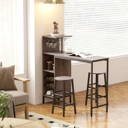 Bartisch Set 3-teilig mit Weinregal Graue Holzoptik – Stehtisch mit 2 Barhockern für kleine Räume