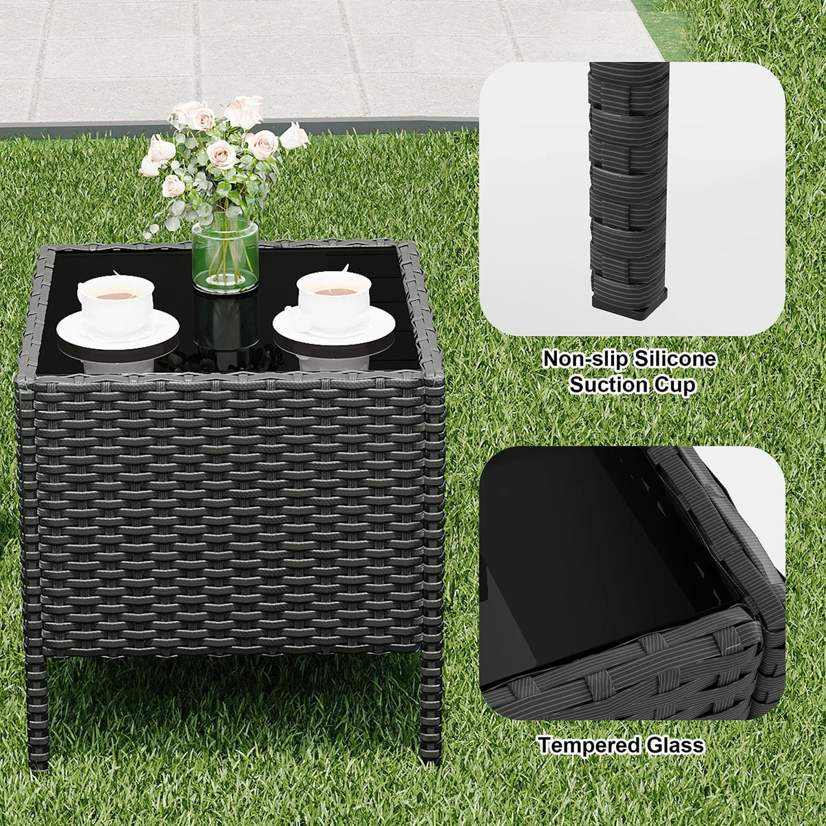 Balkonset 3-Teilig Schwarz – Wetterfeste Polyrattan Sitzgruppe mit Kissen & Glastisch fuer Balkon, Terrasse & Garten