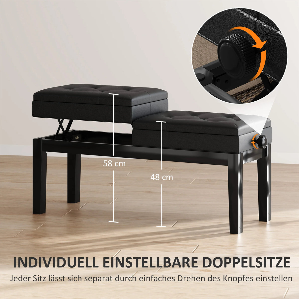 Doppel Klavierbank Höhenverstellbar mit Stauraum – Ergonomischer Pianohocker Schwarz 105cm