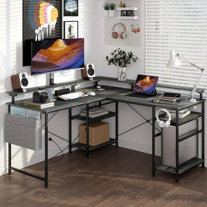 L-förmiger Gaming Schreibtisch LED Schwarz 140 cm – Eckschreibtisch mit Steckdosen & Monitoraufsatz