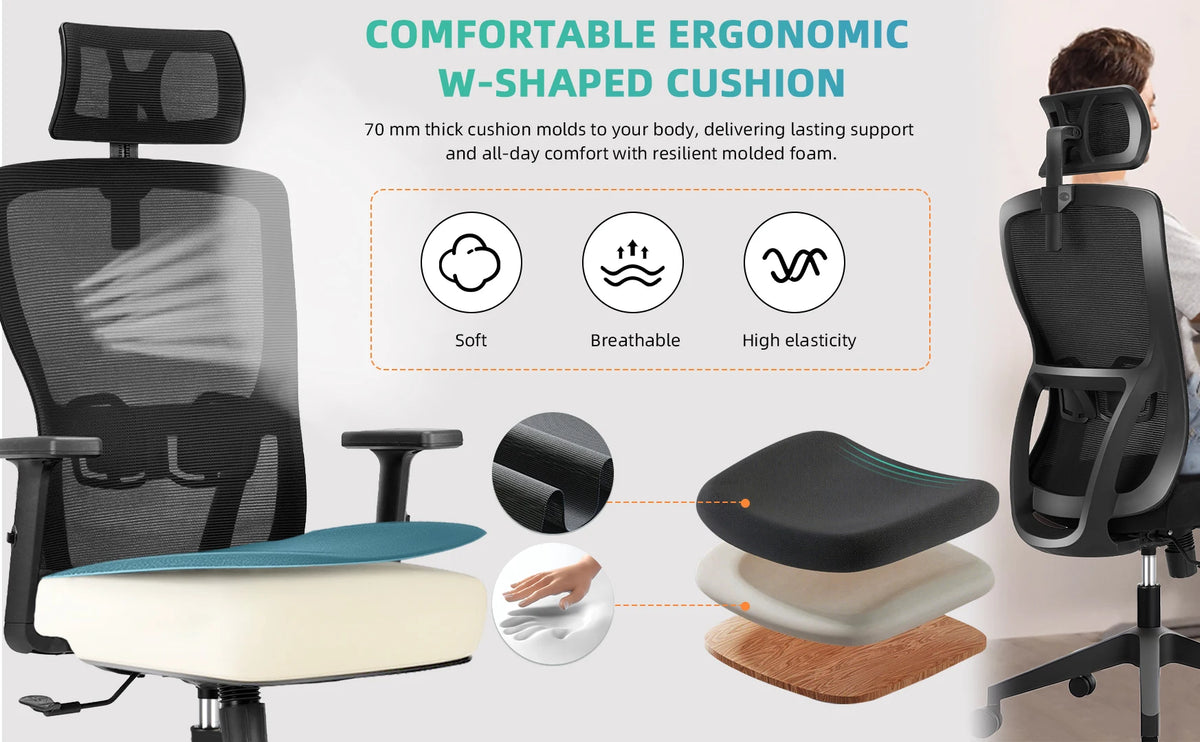 Buerostuhl Ergonomisch Schwarz – Netz Drehstuhl mit Verstellbarer Lendenstuetze & Kopfstuetze bis 150kg