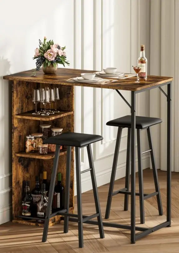 Esstisch Garnitur mit 2 Hocker – Stehtisch Set Holz & Metall mit Regal für die Küche