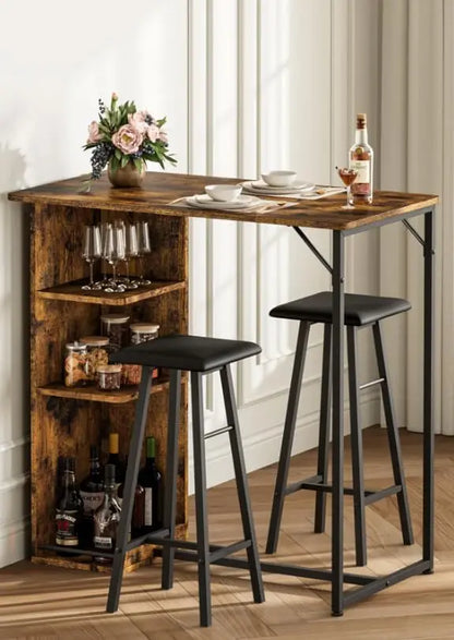 Esstisch Garnitur mit 2 Hocker – Stehtisch Set Holz & Metall mit Regal für die Küche