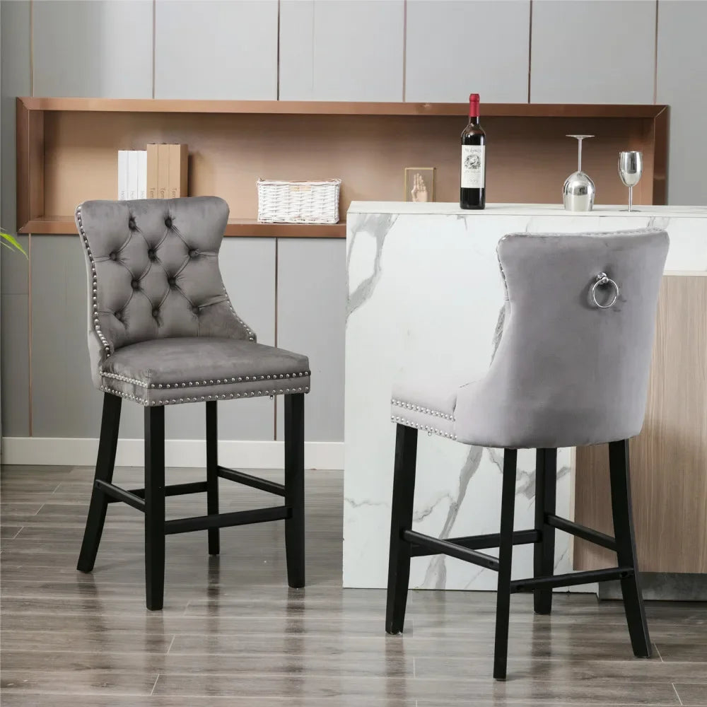 Moderne Samt Barhocker 2er Set mit Nietendekor – Elegante Tresenstühle aus Massivholz
