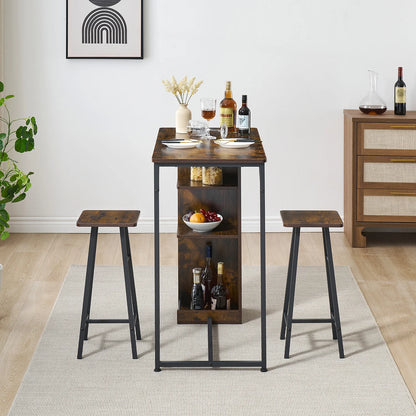 Bartisch Set 3-teilig mit Regal Vintage Braun – Kompakter Stehtisch mit 2 Barhockern für kleine Küche