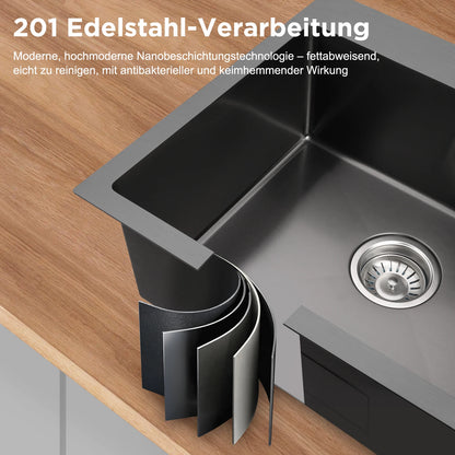 Edelstahl Spülbecken Schwarz 68x45cm mit 3 Lochbohrungen – Einbauspüle Einzelbecken Gebürstet