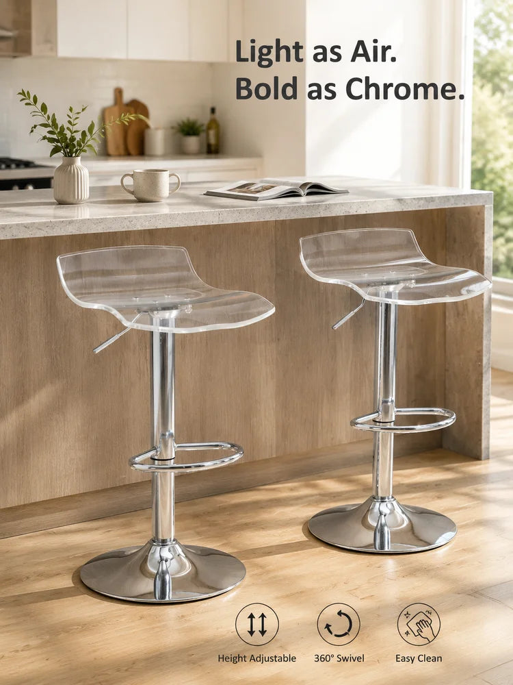 Moderne Barhocker 2er Set Acryl Höhenverstellbar – Transparenter Drehstuhl mit Chrom-Gestell