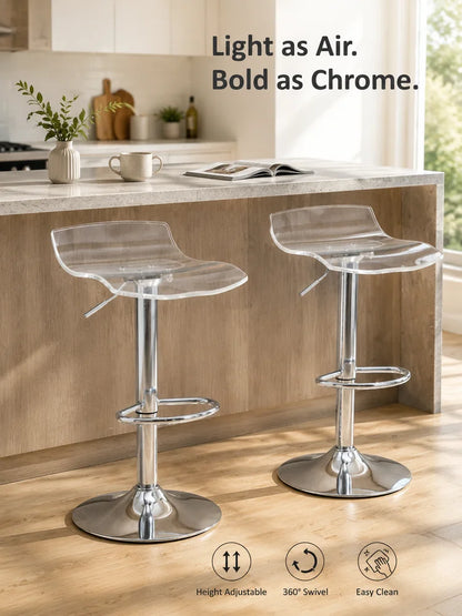 Moderne Barhocker 2er Set Acryl Höhenverstellbar – Transparenter Drehstuhl mit Chrom-Gestell