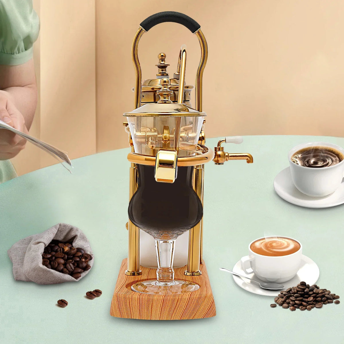 Belgische Siphon Kaffeemaschine Gold – Royale Belgische Kaffee-Siphon aus Edelstahl & Borosilikatglas