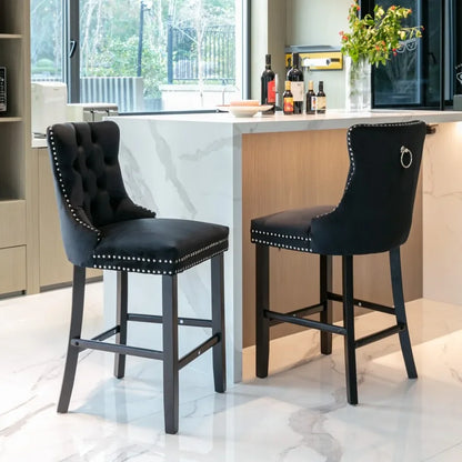 Moderne Samt Barhocker 2er Set mit Nietendekor – Elegante Tresenstühle aus Massivholz