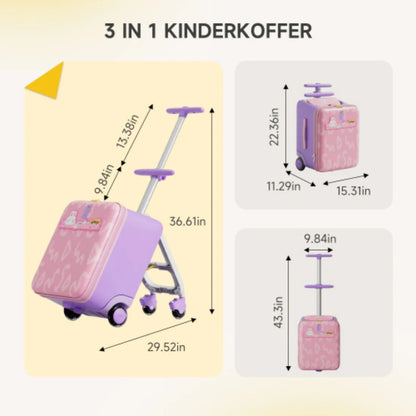 Kinderkoffer zum Draufsitzen 3 in 1 mit Buggy Funktion – Rollkoffer Kinder 38L Handgepaeck