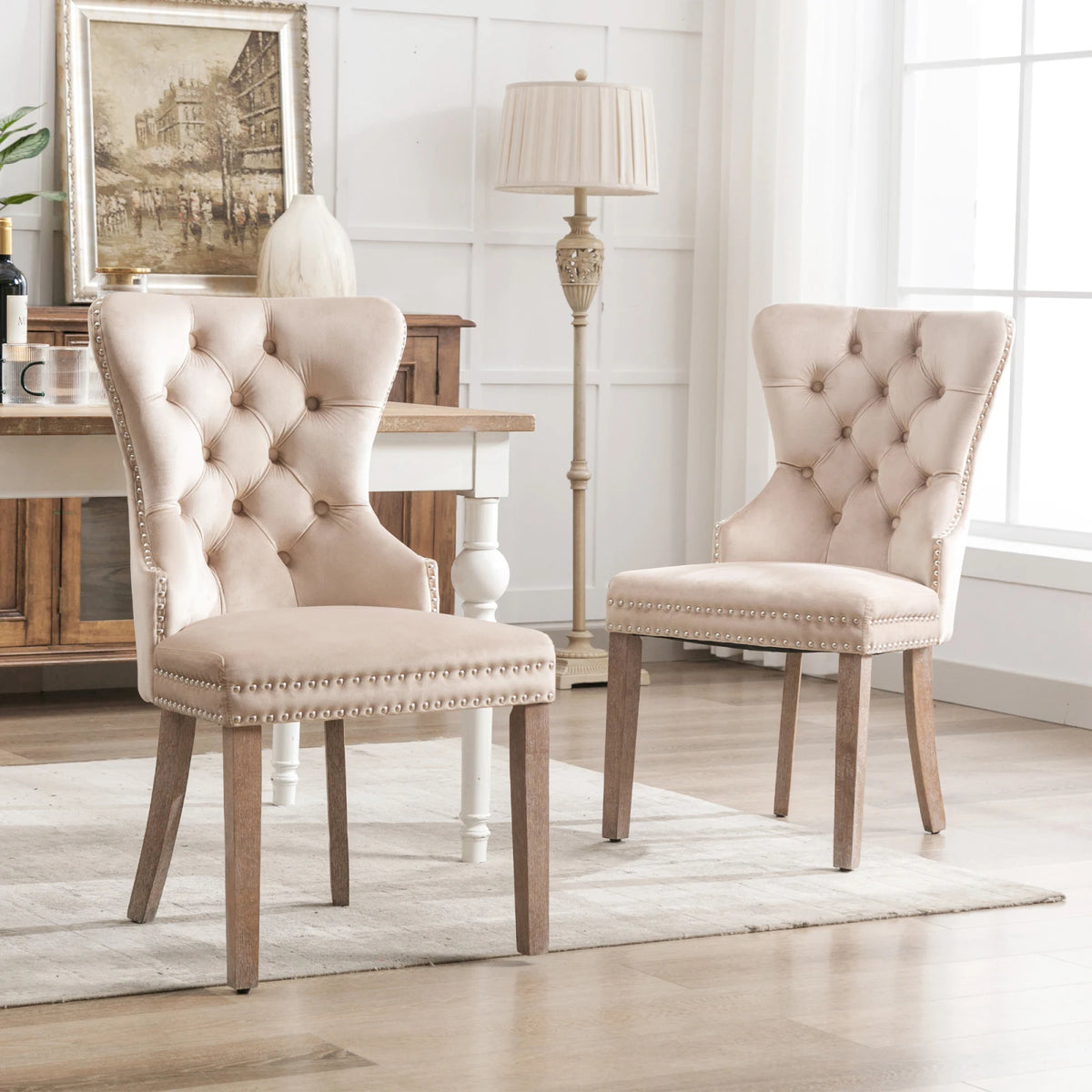 Esszimmerstuhl 2er Set Beige Samt – Elegantes Polsterstuhl Set mit Zugring & Silberknöpfen bis 150kg