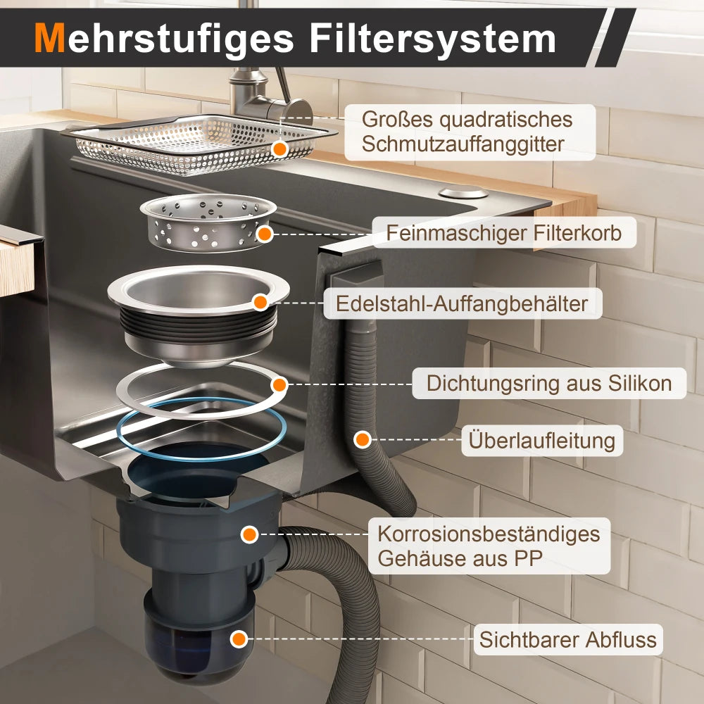 Edelstahl Spülbecken 75x45cm Wasserfall mit Schneidebrett – PVD Einbauspüle Einzelbecken