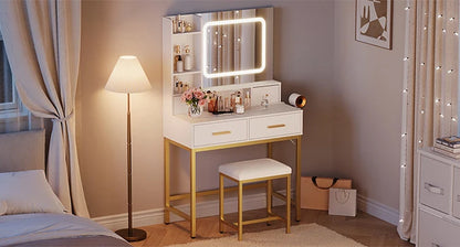 Schminktisch mit LED Beleuchtung Schwarz Gold – Moderner Frisiertisch mit Steckdosen & Spiegel