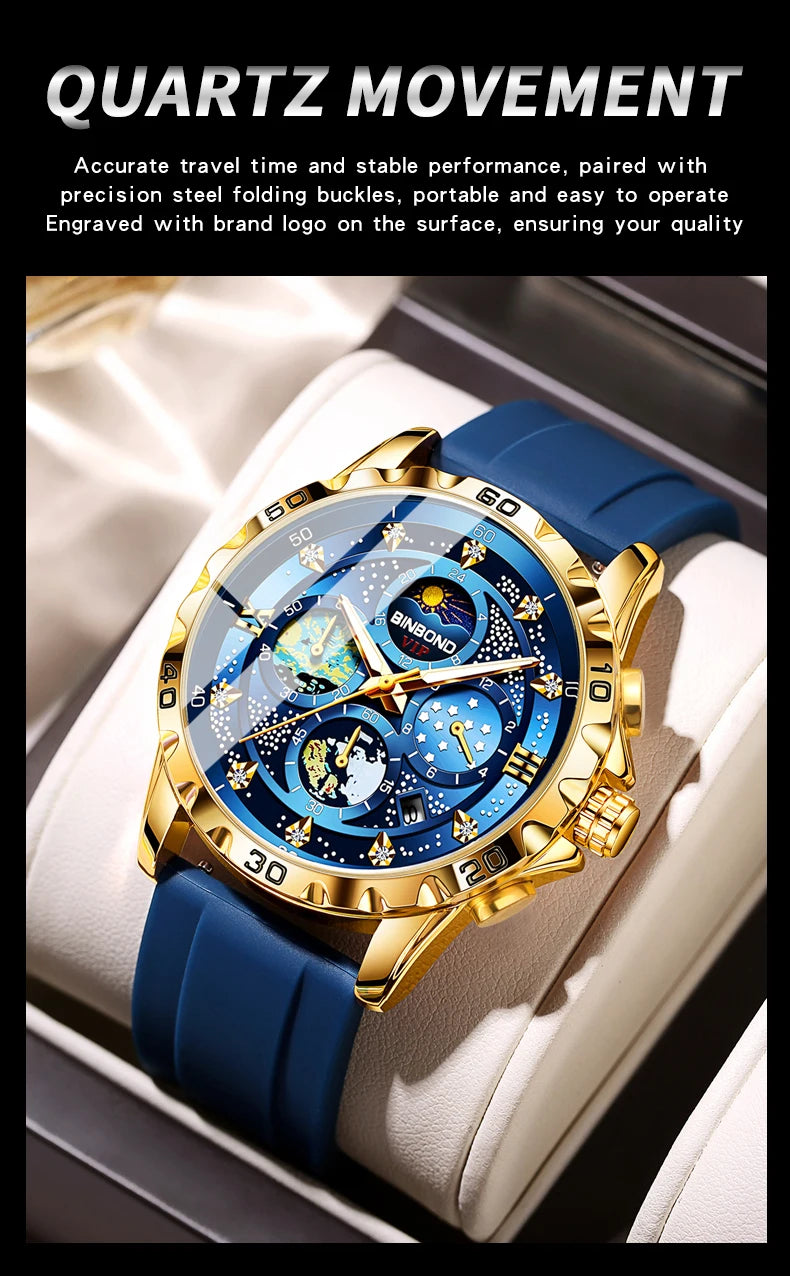 BINBOND Luxus Herrenuhr Blau – Wasserdichte Quarz Armbanduhr mit Chronograph & Datum