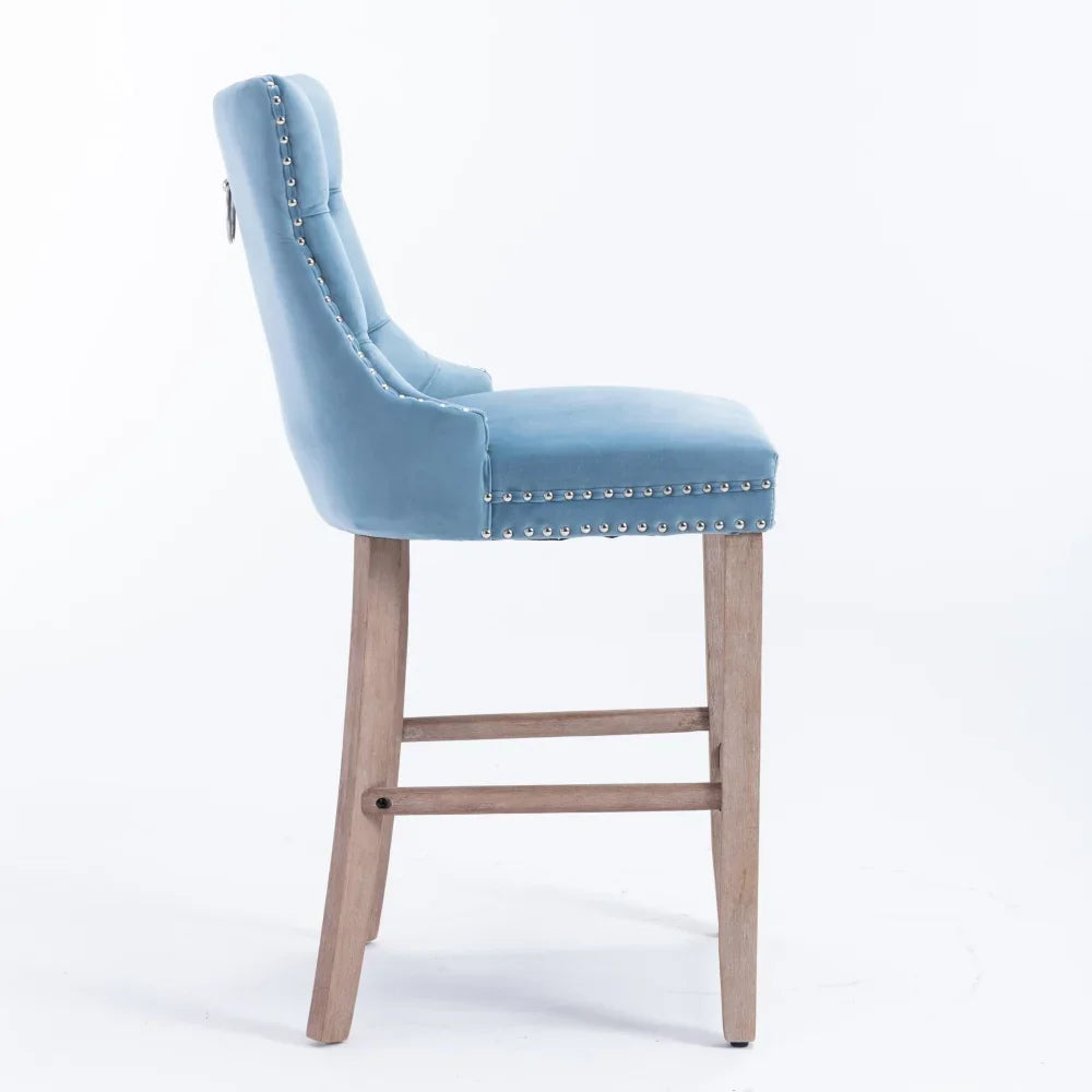 Moderne Samt Barhocker 2er Set mit Nietendekor – Elegante Tresenstühle aus Massivholz