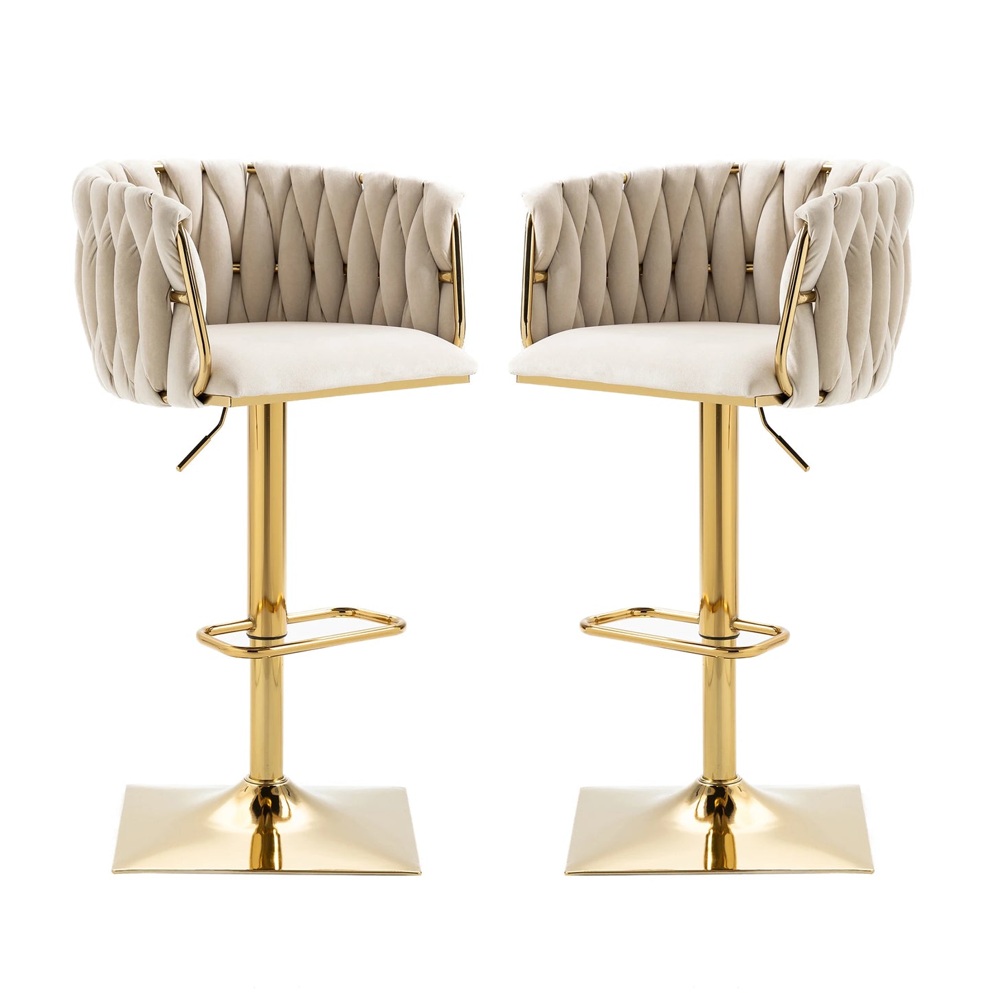 Moderne Barhocker 2er Set mit Armlehnen Höhenverstellbar – Drehbarer Polsterstuhl mit Gold-Beinen