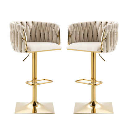 Moderne Barhocker 2er Set mit Armlehnen Höhenverstellbar – Drehbarer Polsterstuhl mit Gold-Beinen