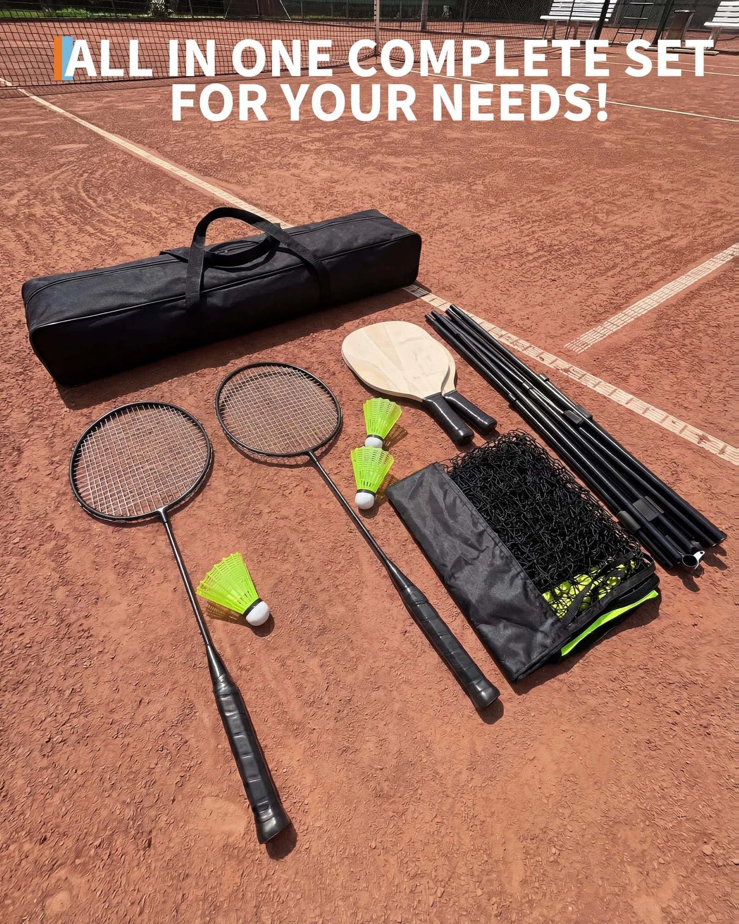 Badminton Set mit Netz 5 Meter – Höhenverstellbares Pickleball Set mit Schlägern Bällen & Tasche
