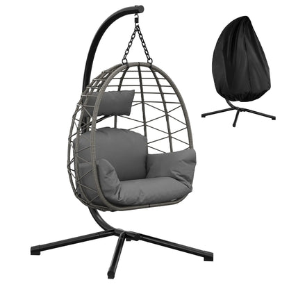 Haengesessel Outdoor Schwarz – Moderner Haengestuhl Ei-Form mit Gestell, Kissen & Schutzhuelle bis 130kg