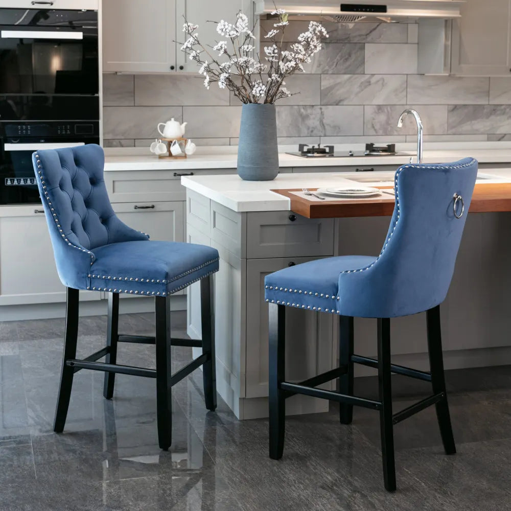 Moderne Samt Barhocker 2er Set mit Nietendekor – Elegante Tresenstühle aus Massivholz