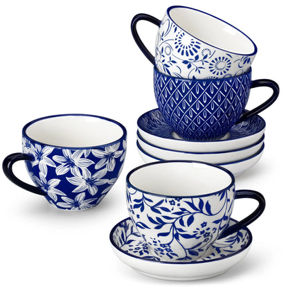Keramik Tassen Set 4-teilig Blau – Elegante Cappuccinotassen mit Untertassen