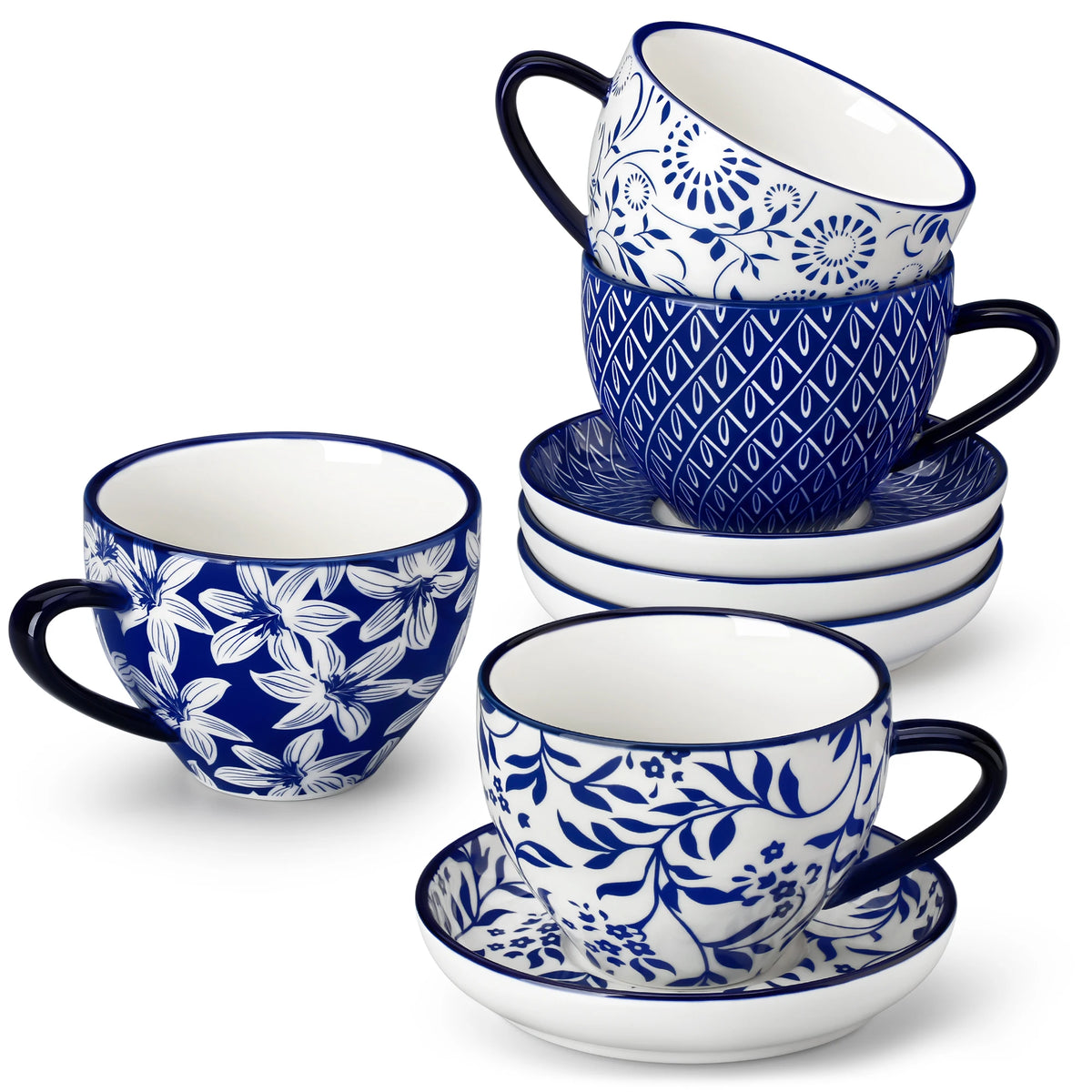 Keramik Tassen Set 4-teilig Blau – Elegante Cappuccinotassen mit Untertassen
