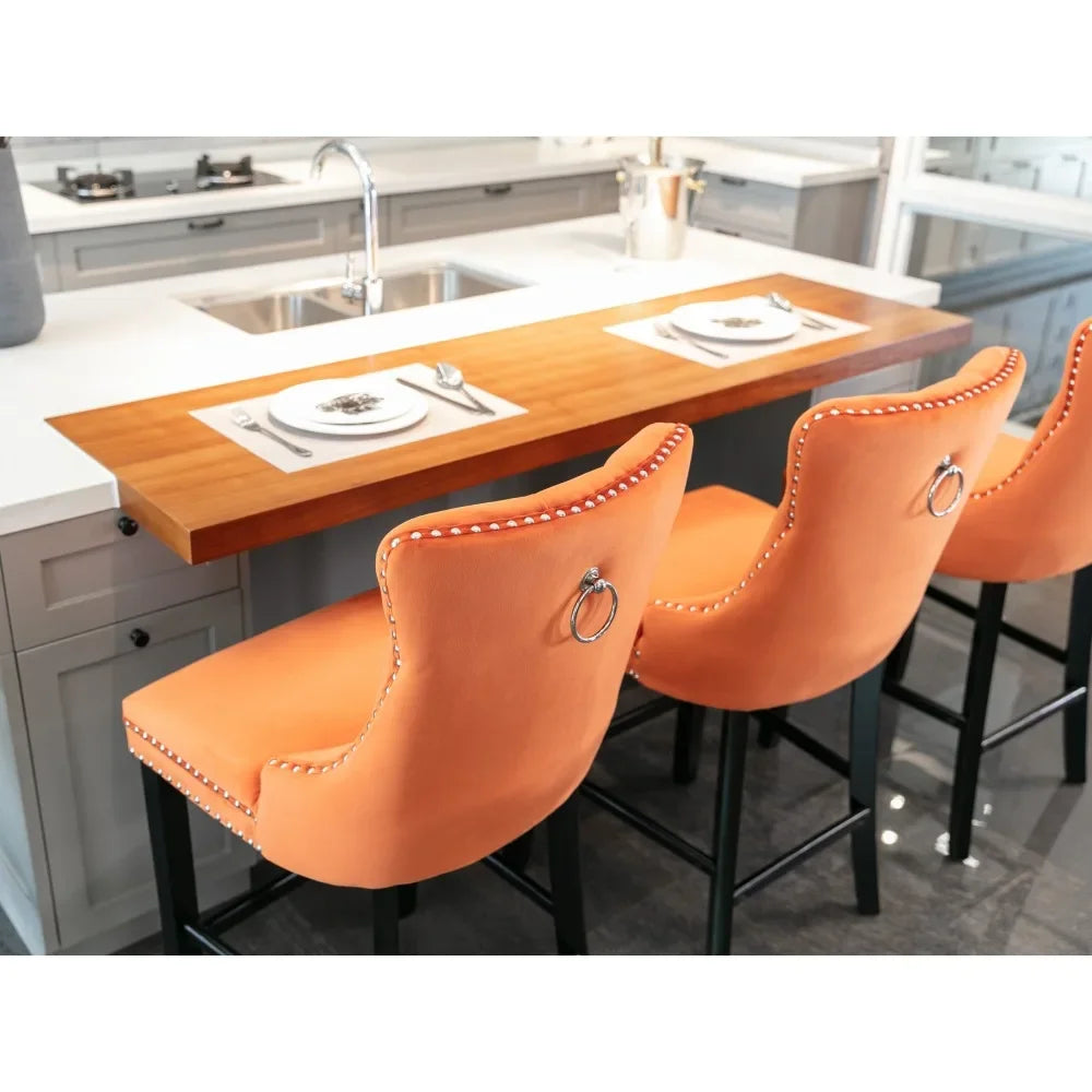Moderne Samt Barhocker 2er Set mit Nietendekor – Elegante Tresenstühle aus Massivholz
