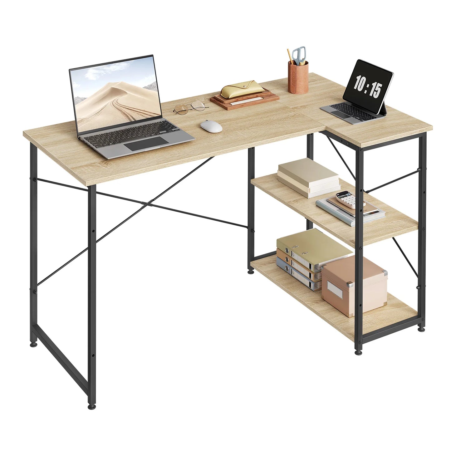 L-förmiger Eckschreibtisch 120 cm Holzoptik – Platzsparender Computertisch mit Regalen